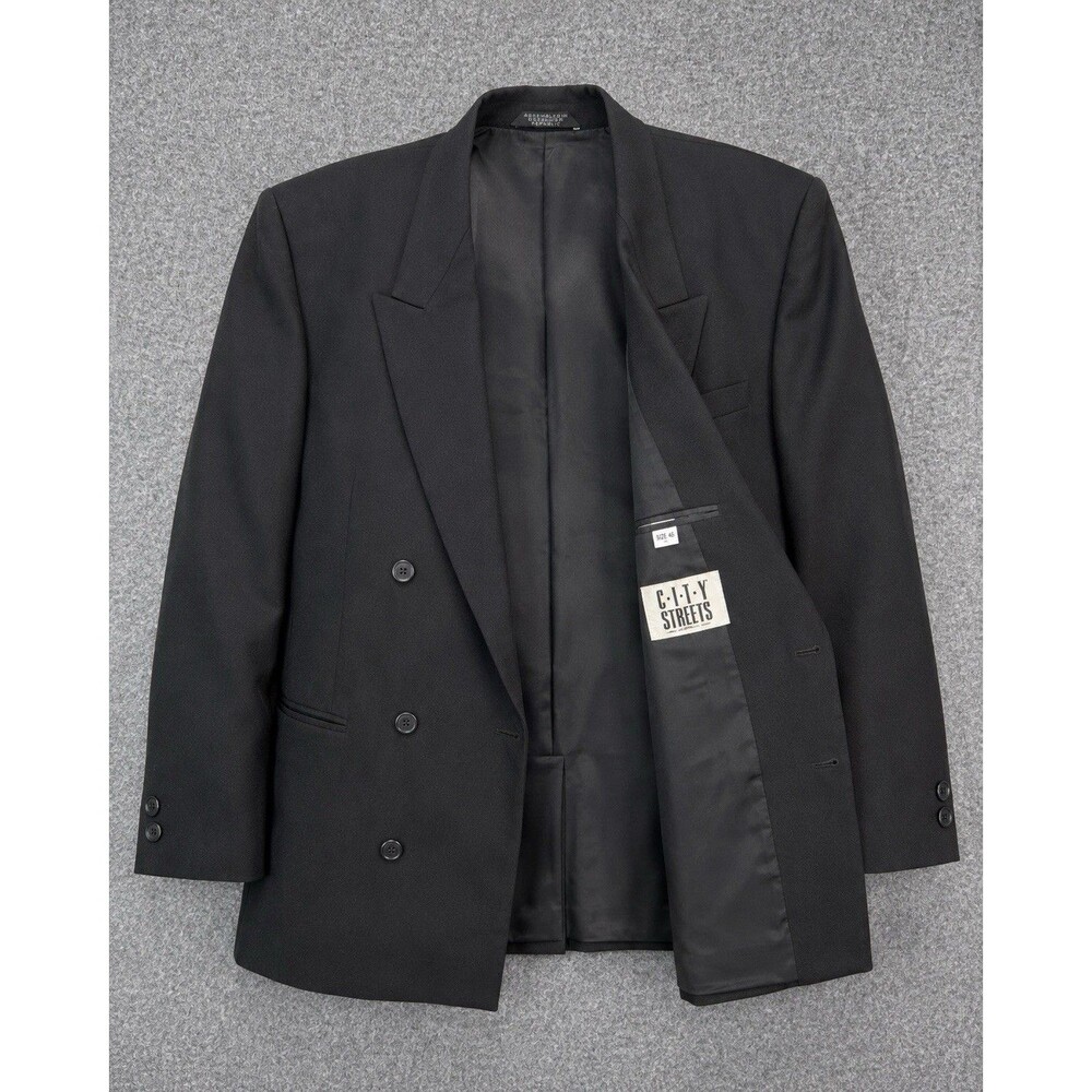City Streets Mens Blazer Size 46 Black Double Breasted 90s Vintage Style Jacket